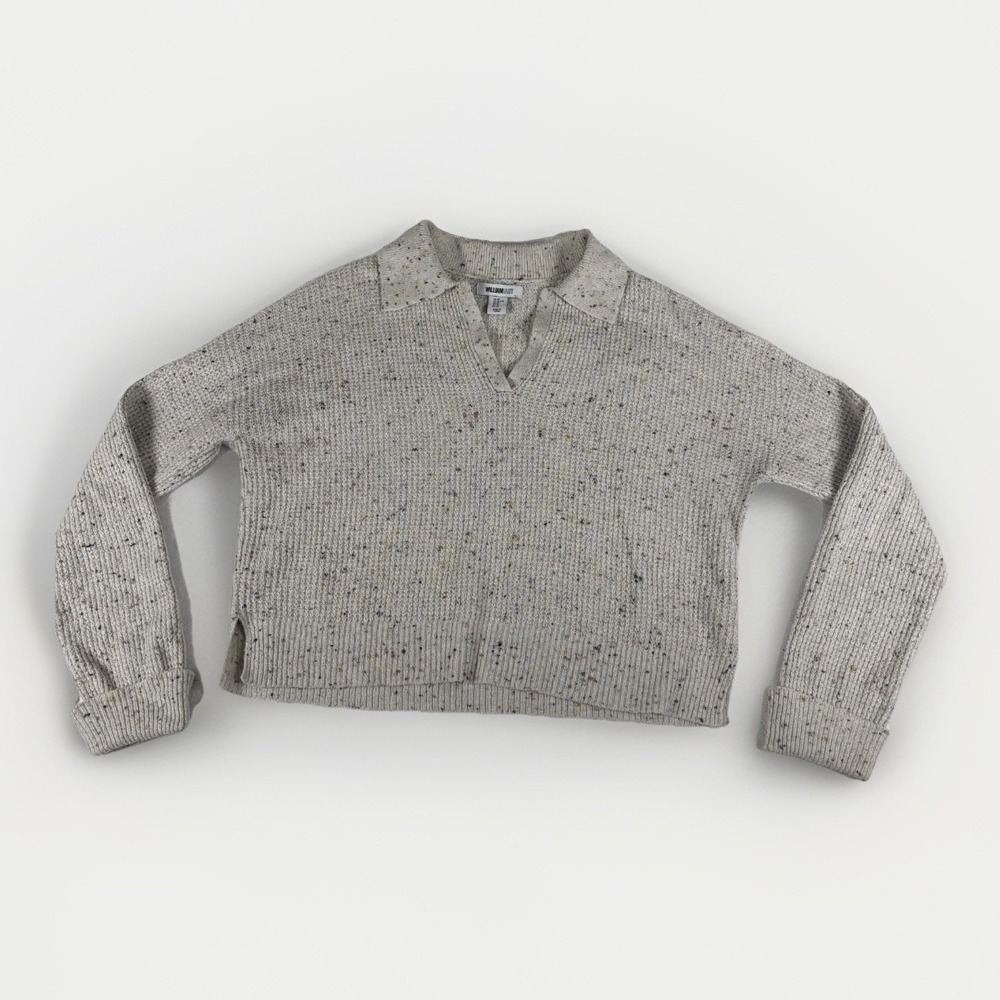 William Rast Polo Sweater‎ Womens XL Oatmeal Speckled V-Neck Knit Boxy Pullover
